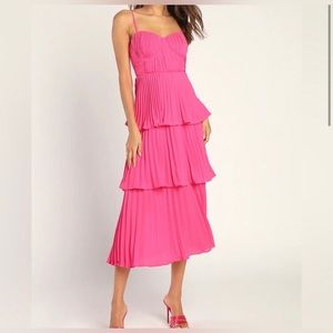 Lulus Cascading Crush Pink Tiered Bustier Midi Dress